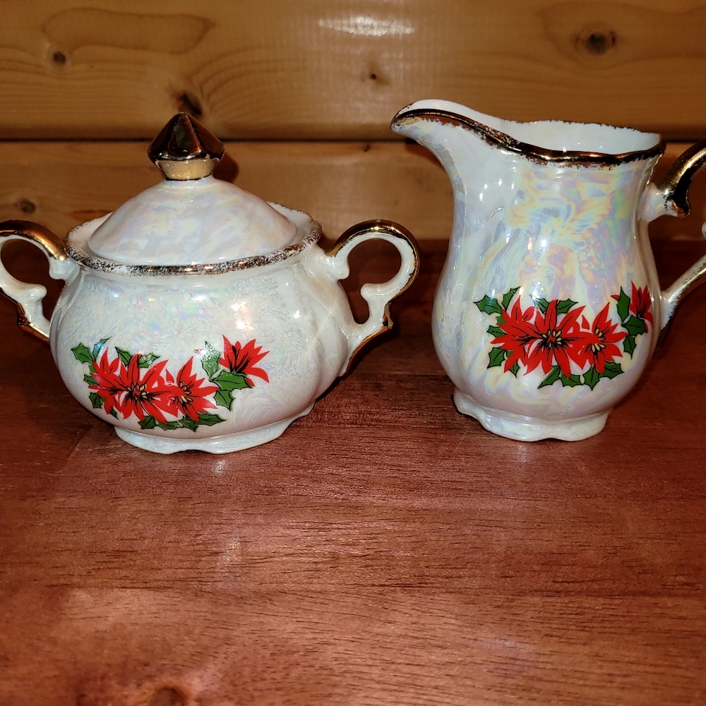 Vintage Christmas Poinsettia Lusterware Creamer, Sugar Bowl by Brinn's Pittburgh